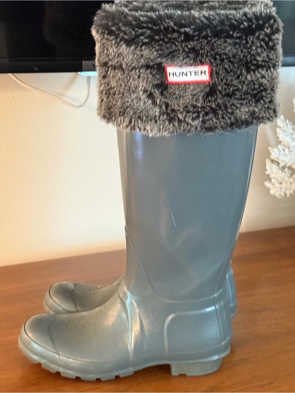 Hunter Dark Gray Rubber Tall Boots with Faux Fur Insert